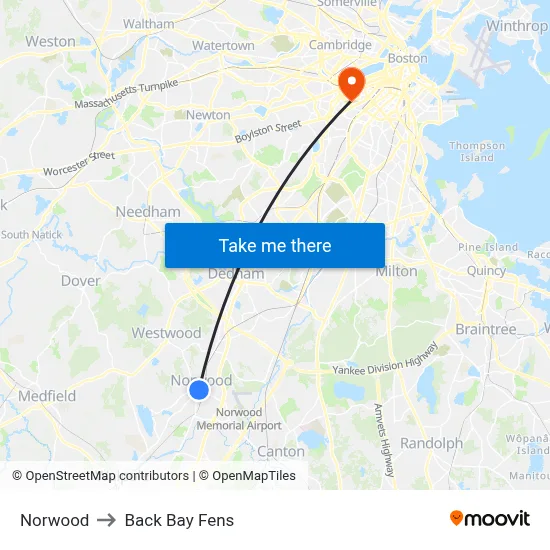 Norwood to Back Bay Fens map