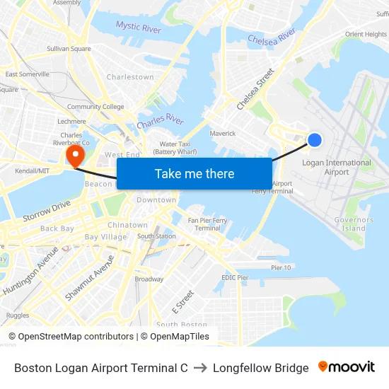 Boston Logan Airport Terminal C to Longfellow Bridge map