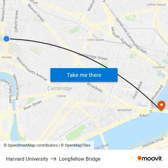 Harvard University to Longfellow Bridge map