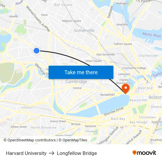 Harvard University to Longfellow Bridge map
