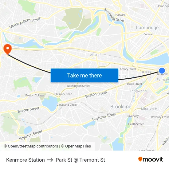 Kenmore Station to Park St @ Tremont St map