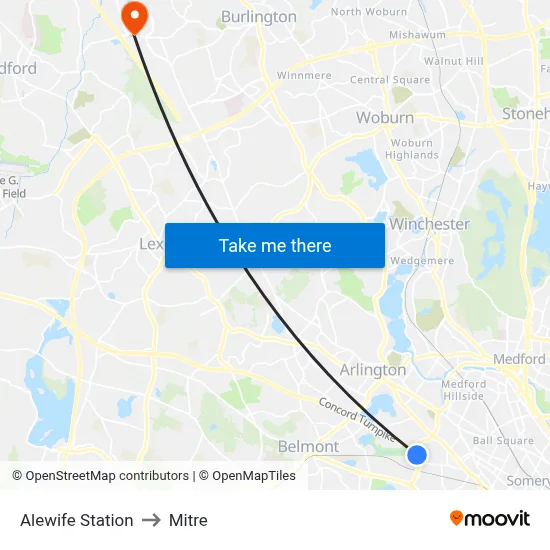 Alewife Station to Mitre map