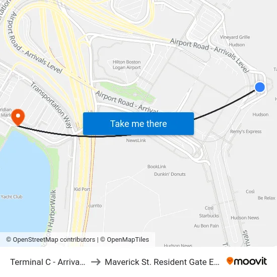 Terminal C - Arrivals Level to Maverick St. Resident Gate East Boston map