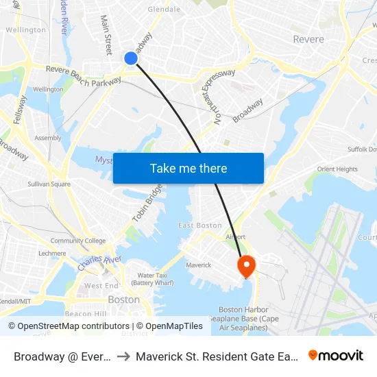 Broadway @ Everett Sq to Maverick St. Resident Gate East Boston map