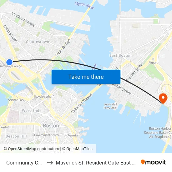Community Collge to Maverick St. Resident Gate East Boston map