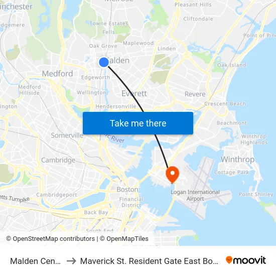 Malden Center to Maverick St. Resident Gate East Boston map