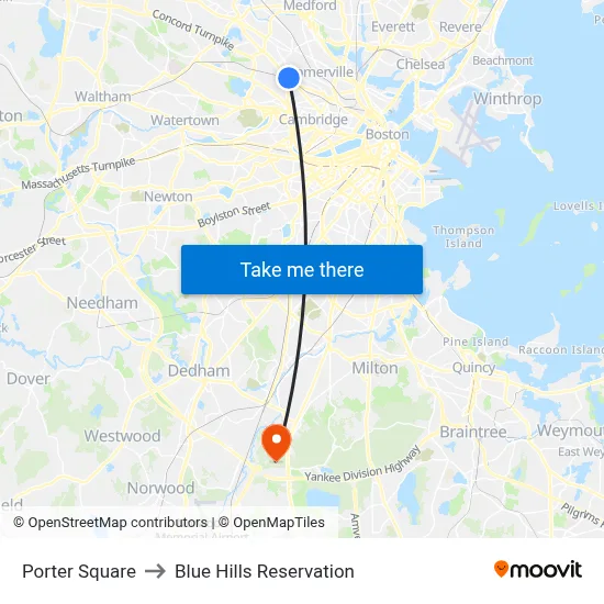 Porter Square to Blue Hills Reservation map