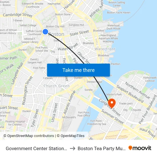 Government Center Station MBTA to Boston Tea Party Museum map