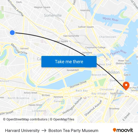 Harvard University to Boston Tea Party Museum map