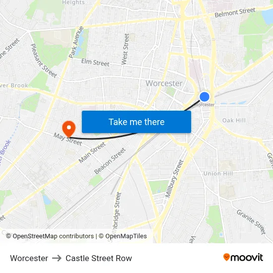 Worcester to Castle Street Row map