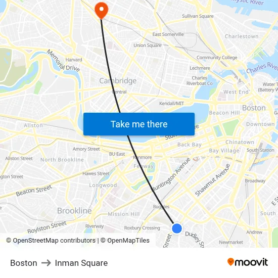 Boston to Inman Square map