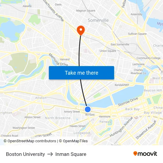 Boston University to Inman Square map