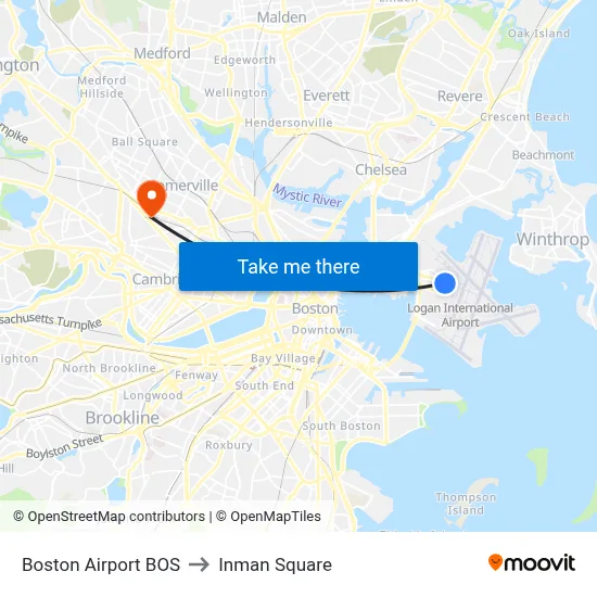 Boston Airport BOS to Inman Square map