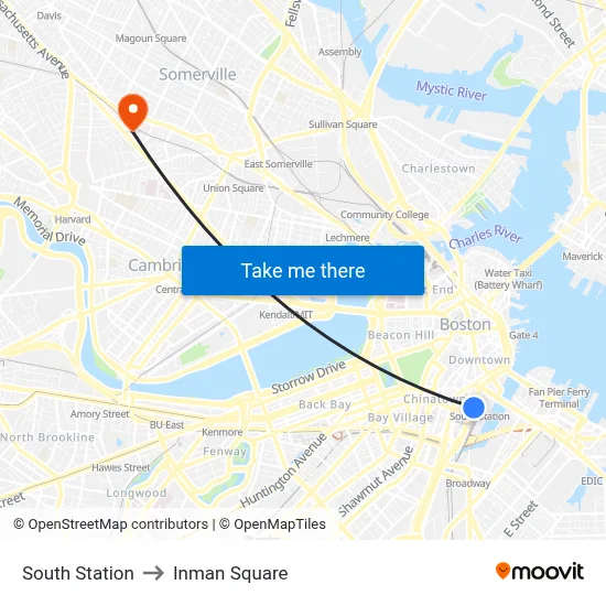 South Station to Inman Square map