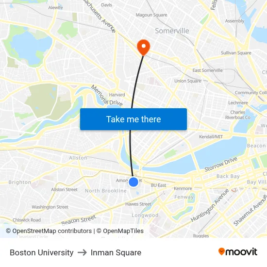 Boston University to Inman Square map