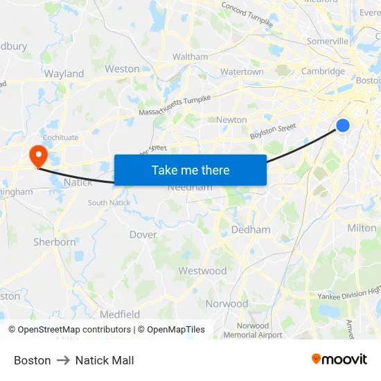 Boston to Natick Mall map