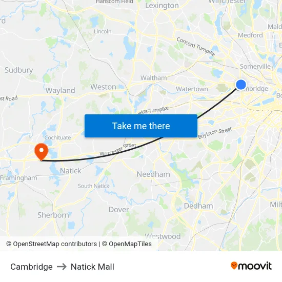 Cambridge to Natick Mall map