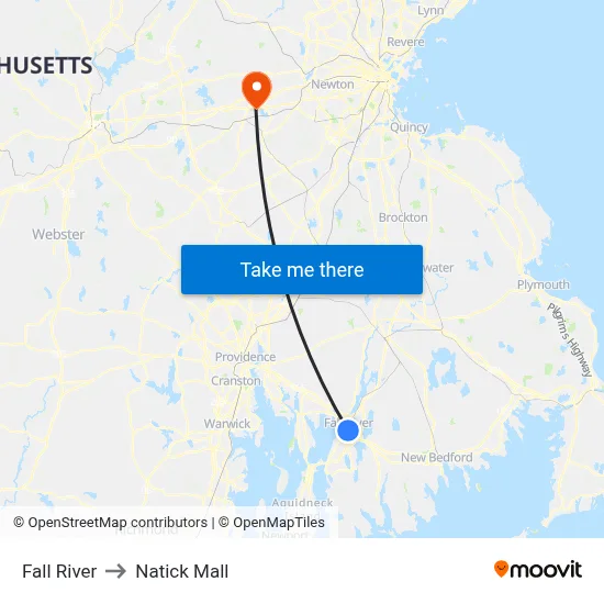 Fall River to Natick Mall map