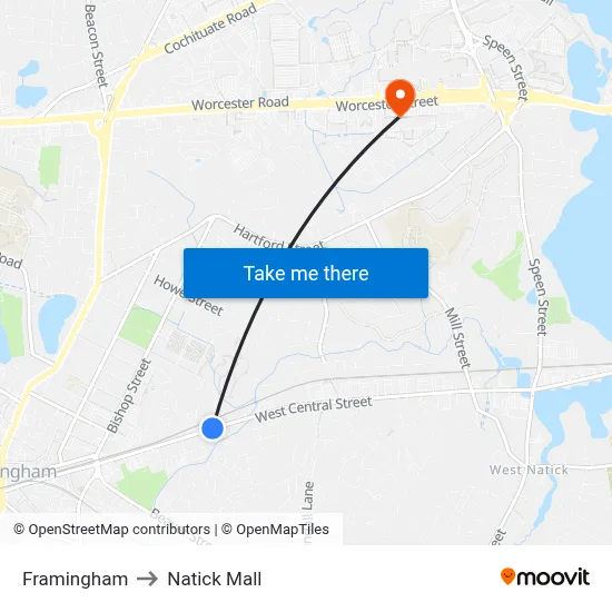 Framingham to Natick Mall map