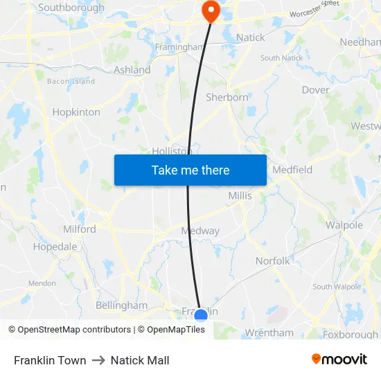 Franklin Town to Natick Mall map