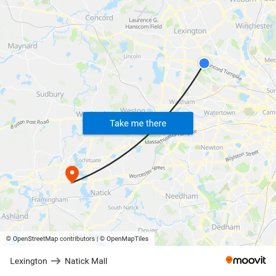 Lexington to Natick Mall map