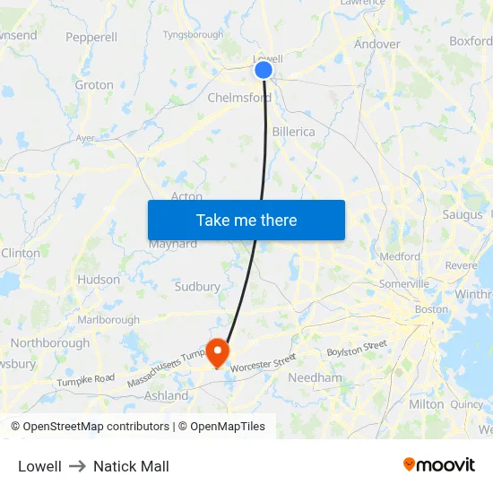 Lowell to Natick Mall map