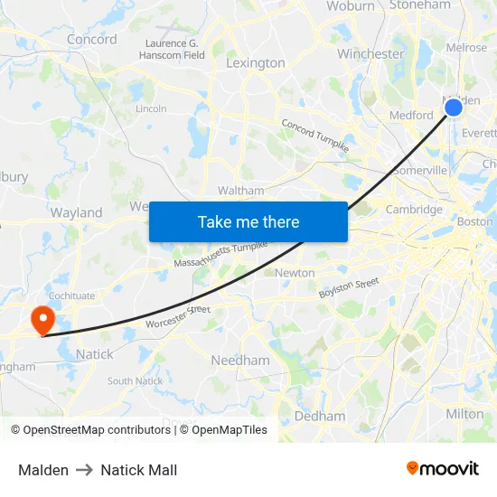 Malden to Natick Mall map