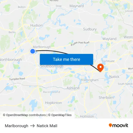 Marlborough to Natick Mall map