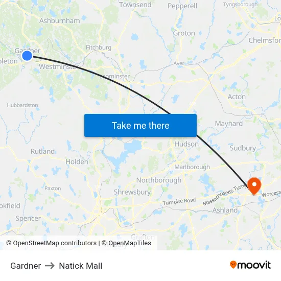 Gardner to Natick Mall map