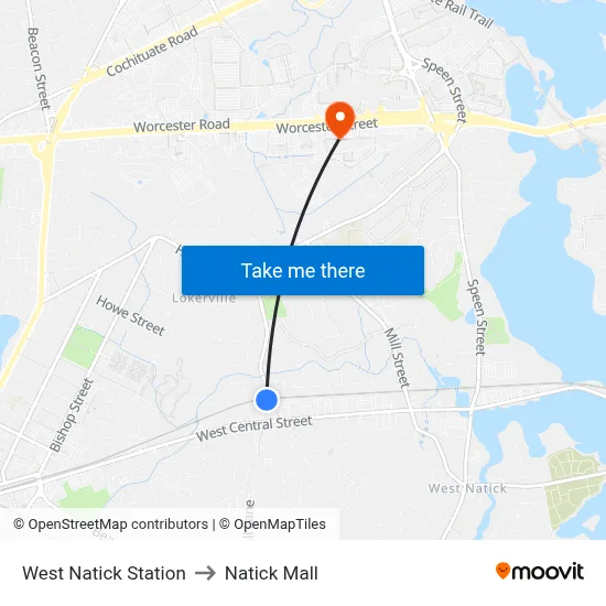 West Natick Station to Natick Mall map