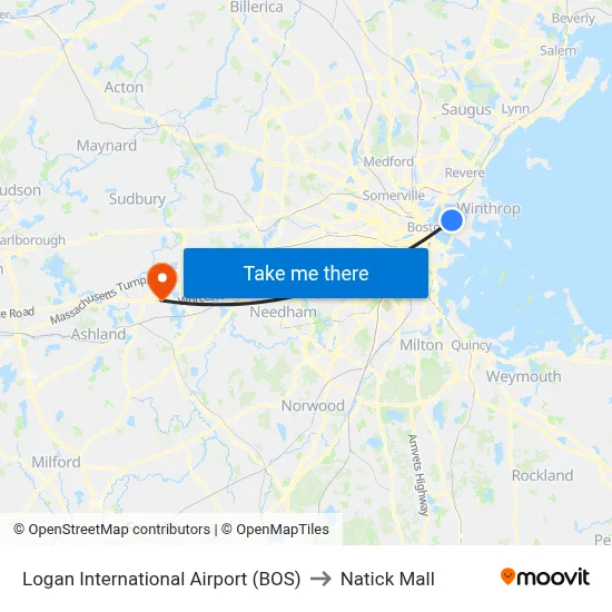 Logan International Airport (BOS) to Natick Mall map