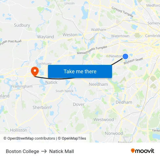 Boston College to Natick Mall map