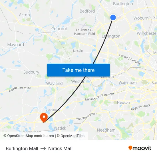 Burlington Mall to Natick Mall map