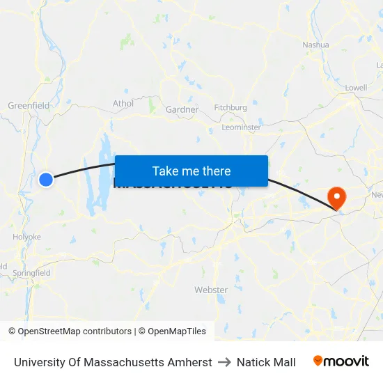 University Of Massachusetts Amherst to Natick Mall map
