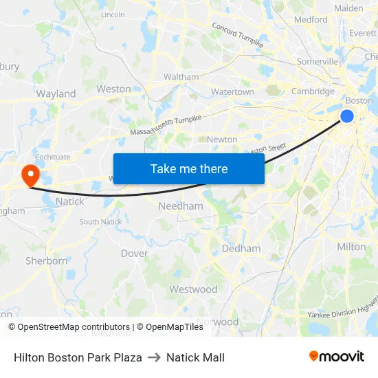 Hilton Boston Park Plaza to Natick Mall map