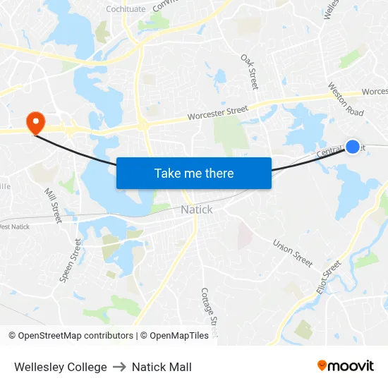 Wellesley College to Natick Mall map