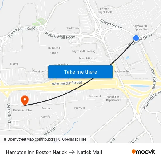 Hampton Inn Boston Natick to Natick Mall map