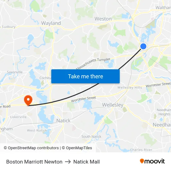 Boston Marriott Newton to Natick Mall map