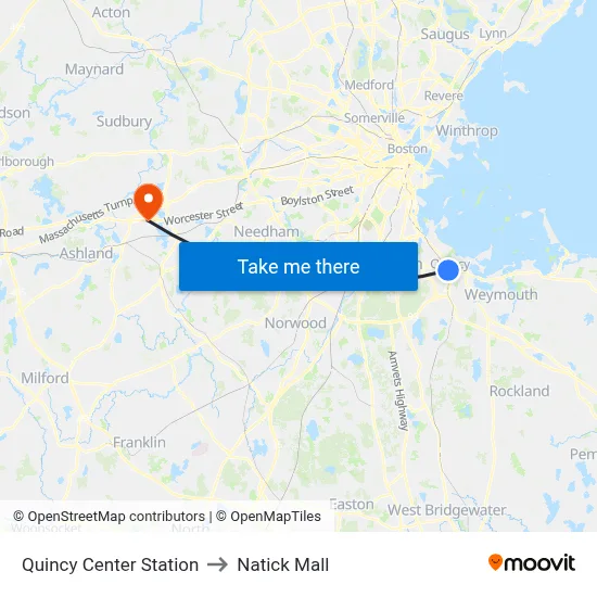 Quincy Center Station to Natick Mall map