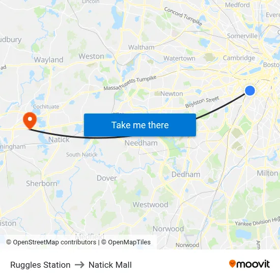 Ruggles Station to Natick Mall map