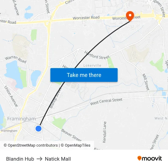 Blandin Hub to Natick Mall map