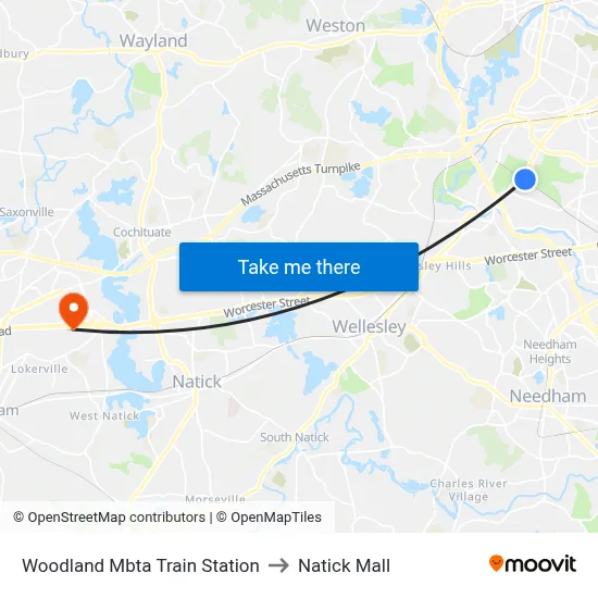 Woodland Mbta Train Station to Natick Mall map