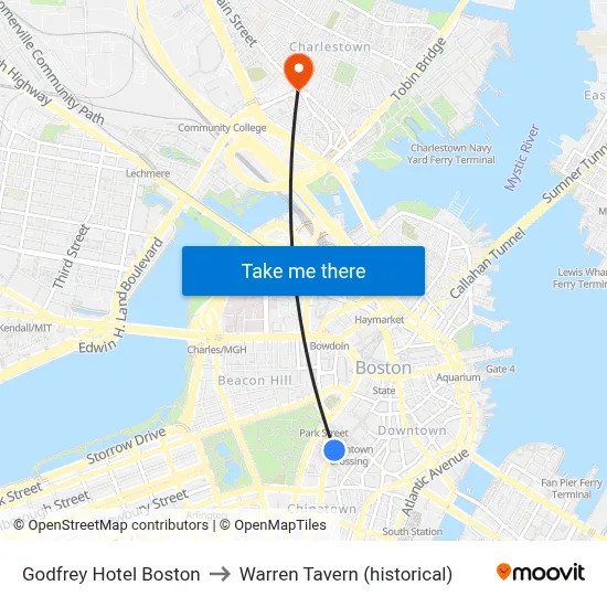 Godfrey Hotel Boston to Warren Tavern (historical) map