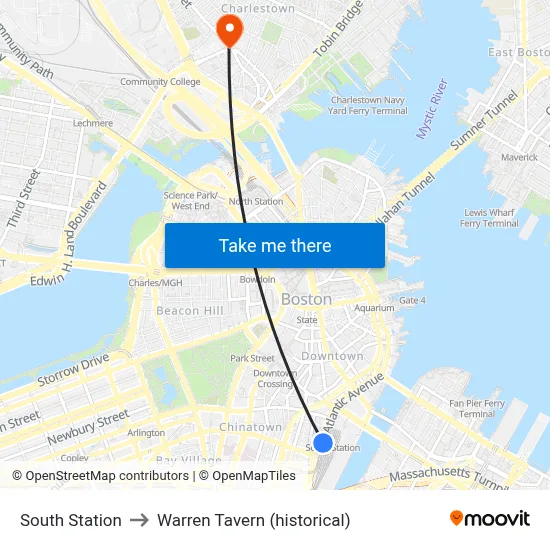 South Station to Warren Tavern (historical) map