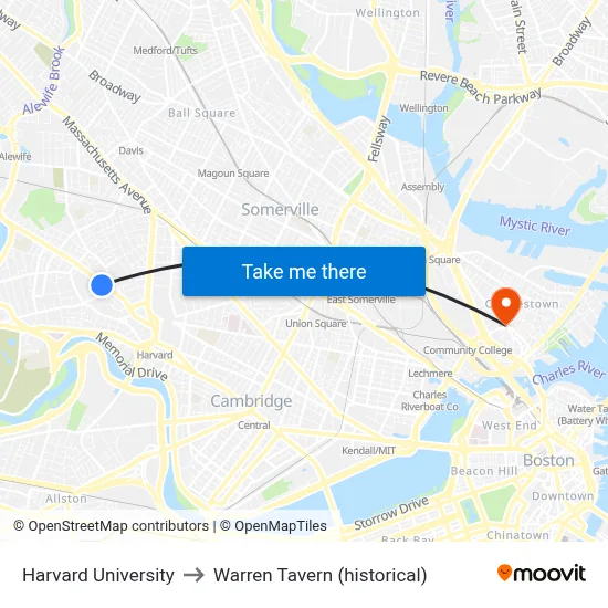 Harvard University to Warren Tavern (historical) map