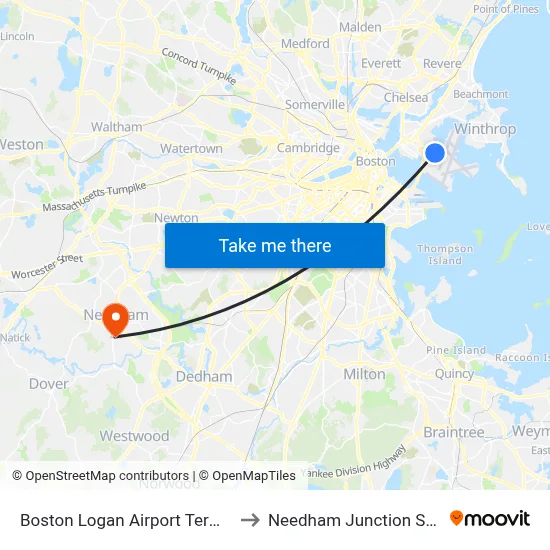 Boston Logan Airport Terminal C to Needham Junction Station map