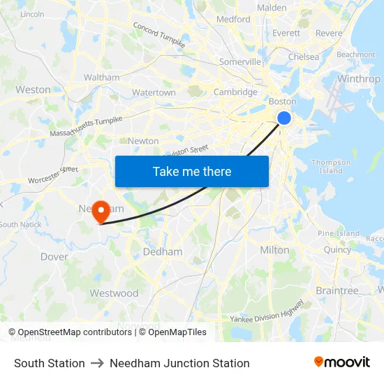 South Station to Needham Junction Station map