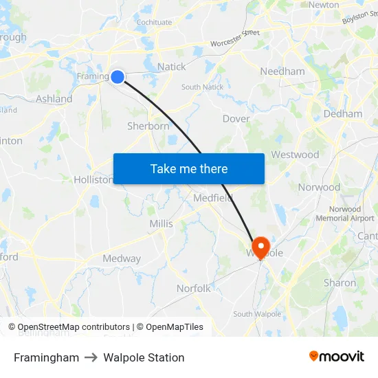Framingham to Walpole Station map