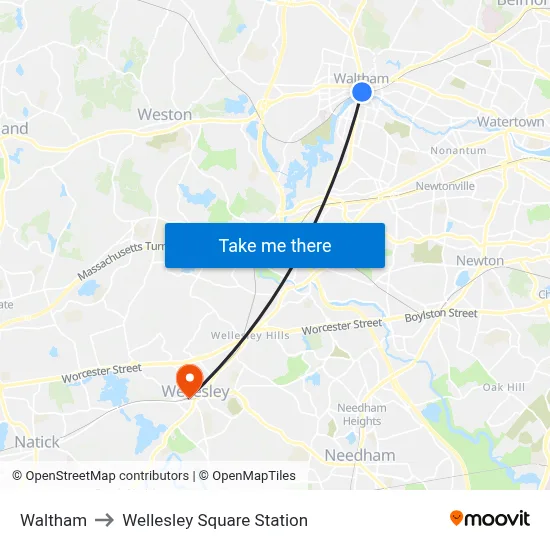Waltham to Wellesley Square Station map