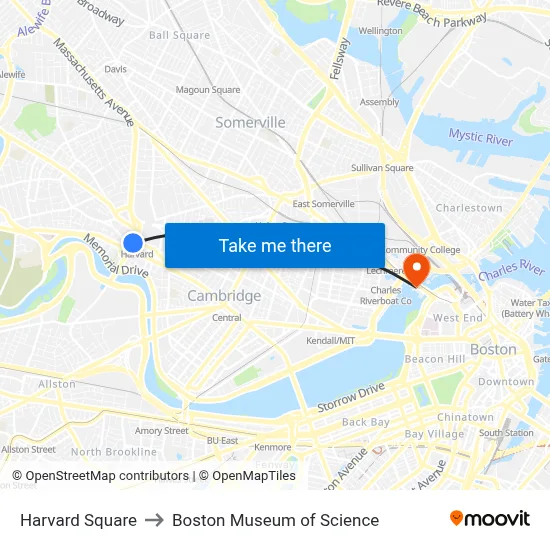 Harvard Square to Boston Museum of Science map